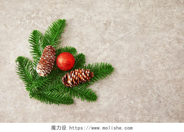 灰底俯视角度松果绿叶红色装饰圣诞树圣诞节